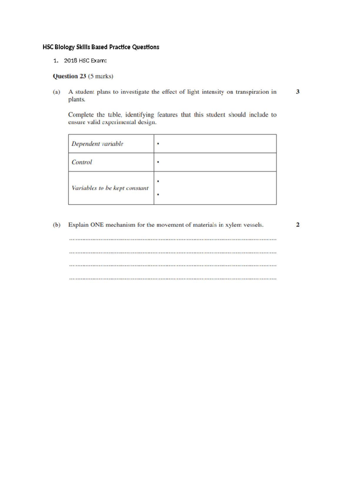 HSC Biology Skills Based Practice Questions Week 6 - Studocu