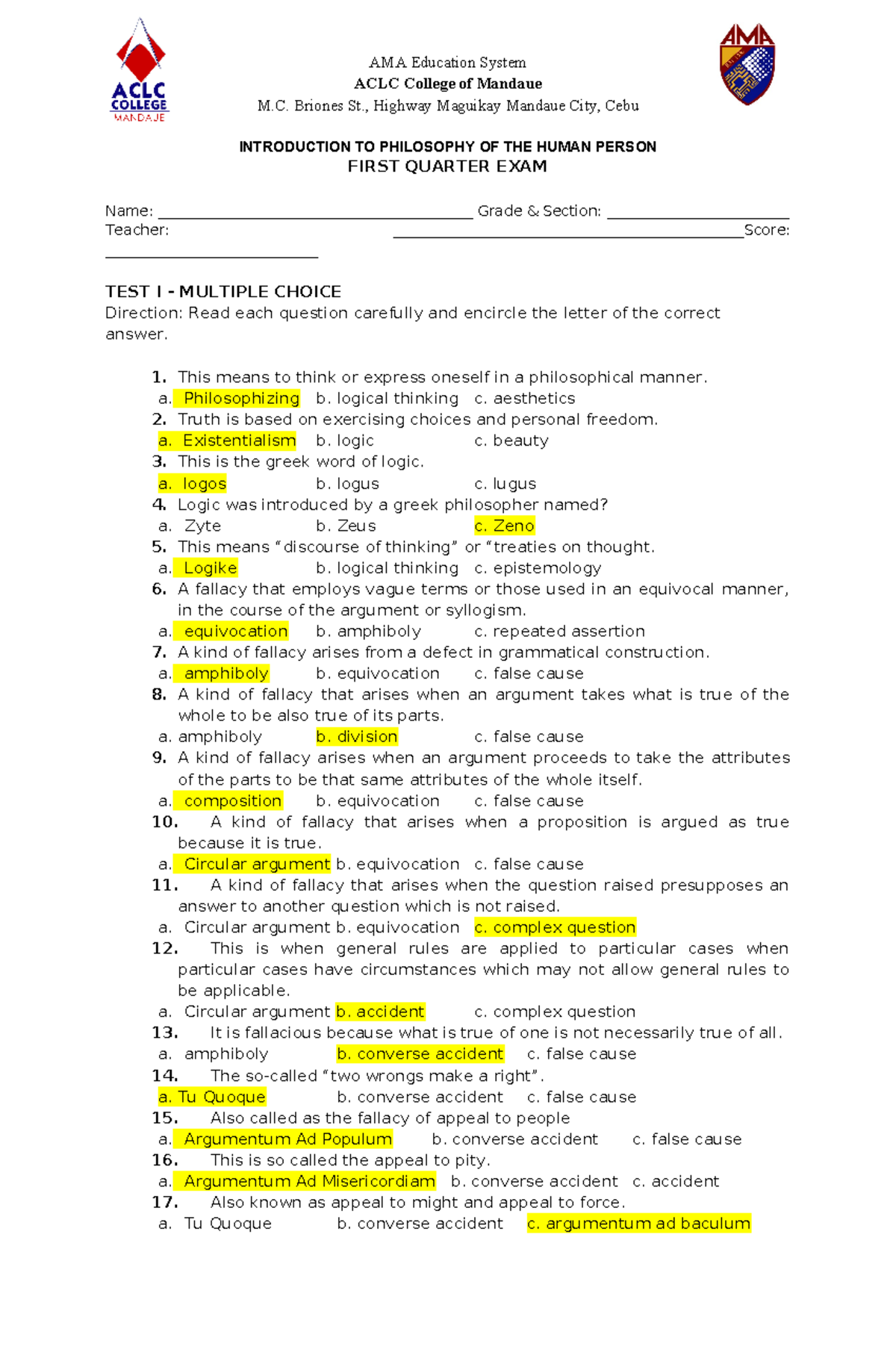 1st Quarter Exam PHIL 101: Introduction to Philosophy of the Human ...
