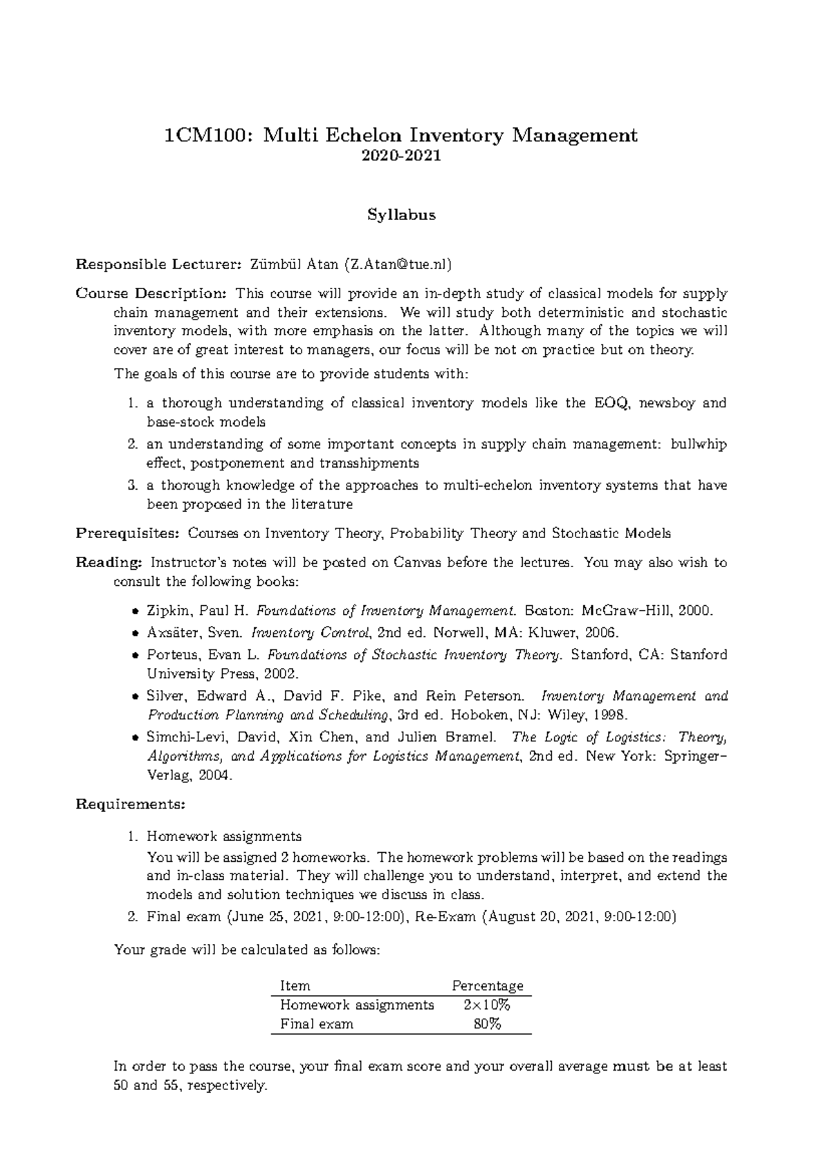 Syllabus for 1CM100: Multi Echelon Inventory Management 2020-2021 ...