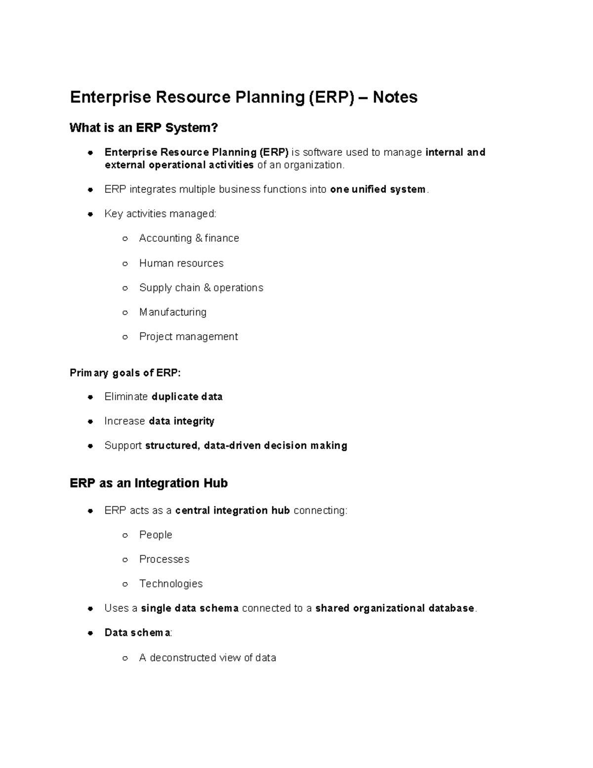 Enterprise Resource Planning (ERP) – Comprehensive Notes - Studocu