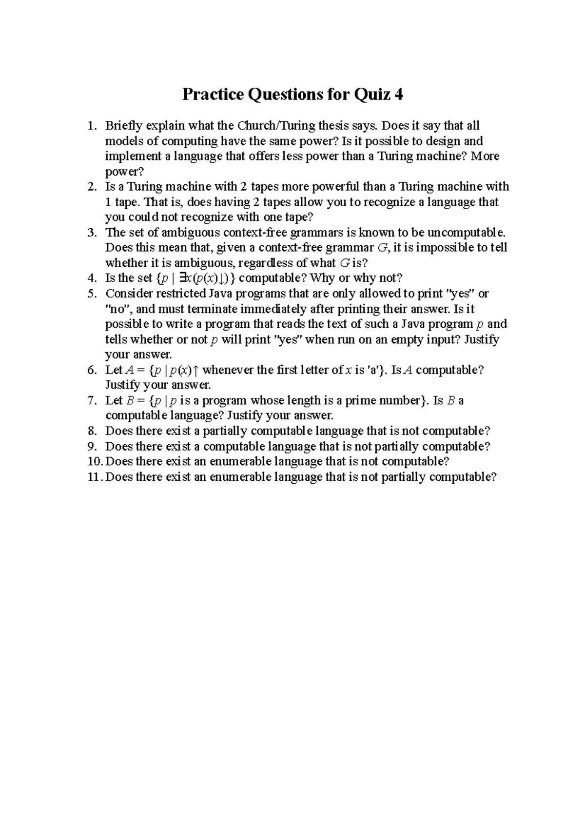 Quiz 4 Practice Questions: Turing Machines & Computability Concepts ...
