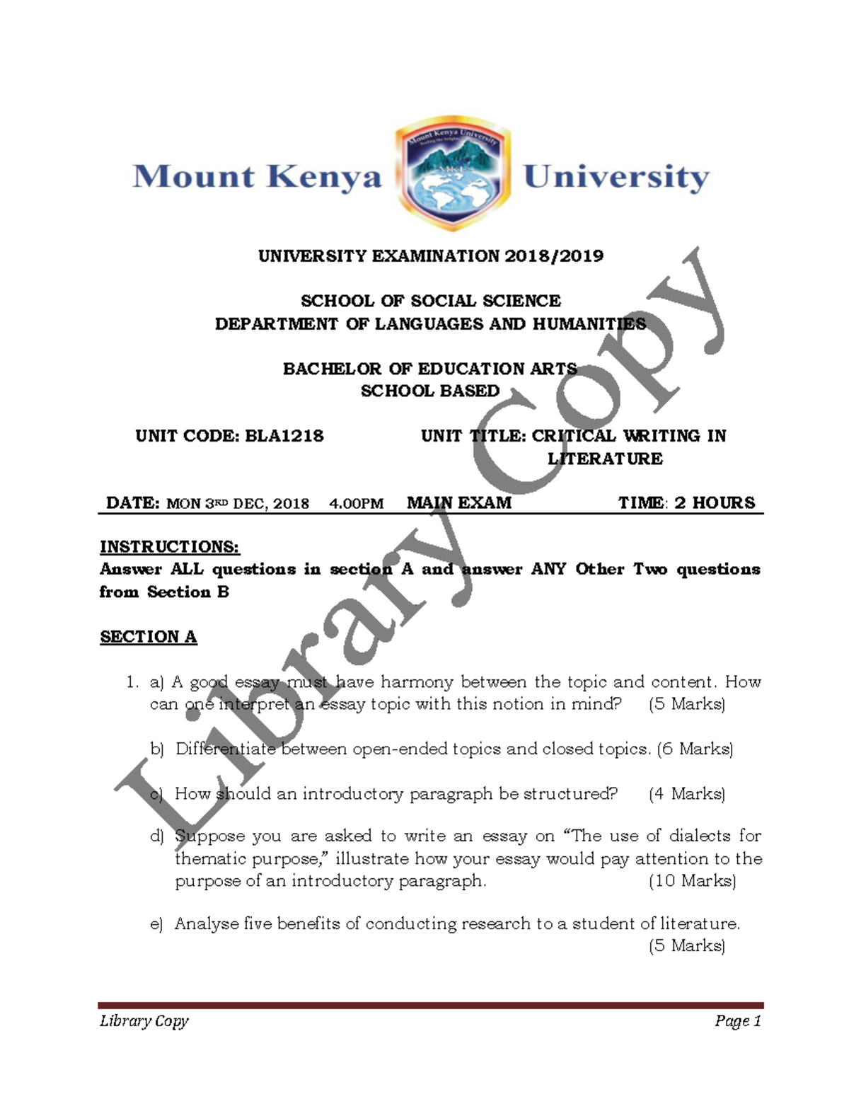 BLA1218 Critical Writing in Literature Past Exam Papers - Studocu