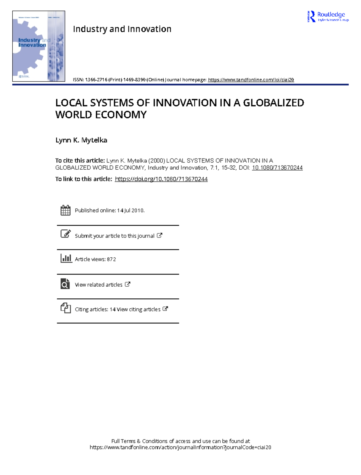 Local Systems OF Innovation IN A Globalized World Economy - Full Terms ...