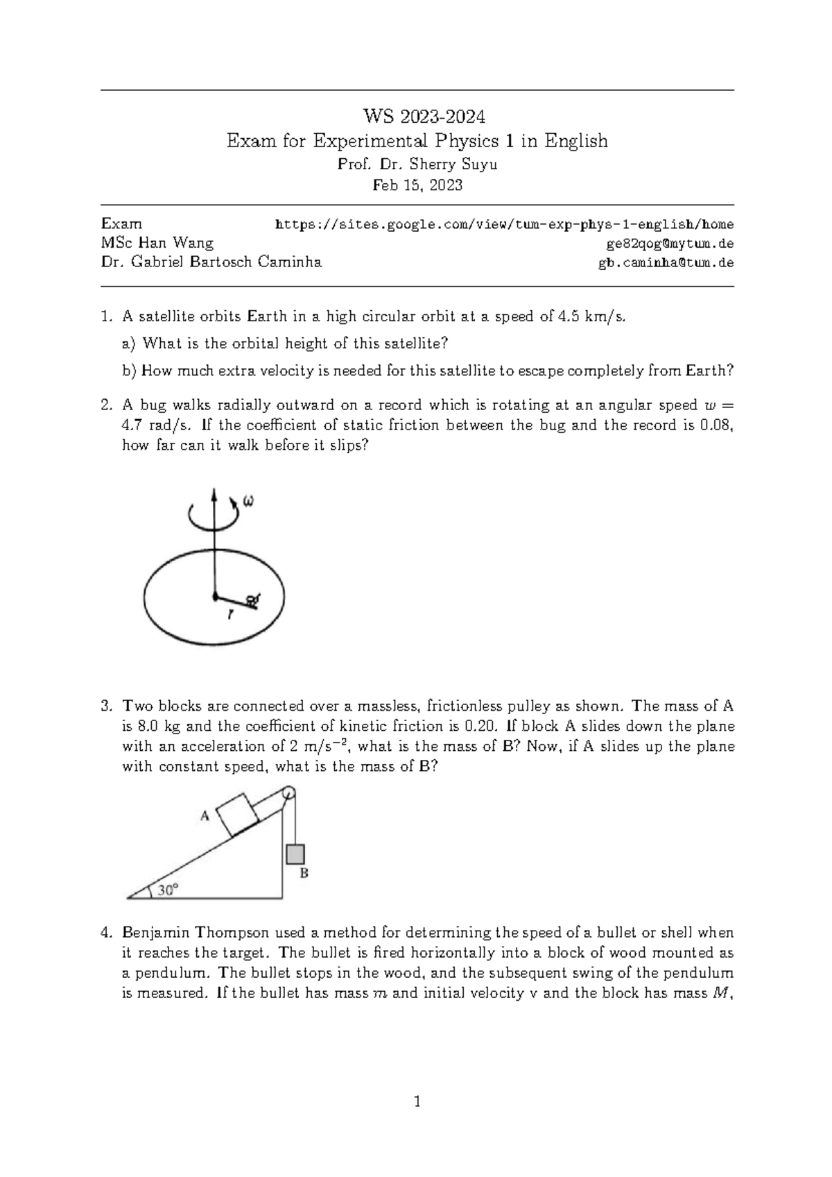 Mock Exam for Experimental Physics 1 (WS 2023) - Prof. Dr. Suyu - Studocu