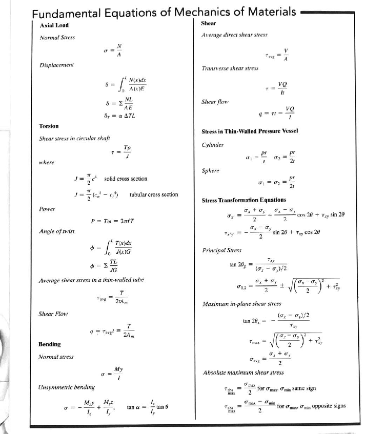 CE 270 Mechanics of Materials: Equations & Properties Summary - Studocu