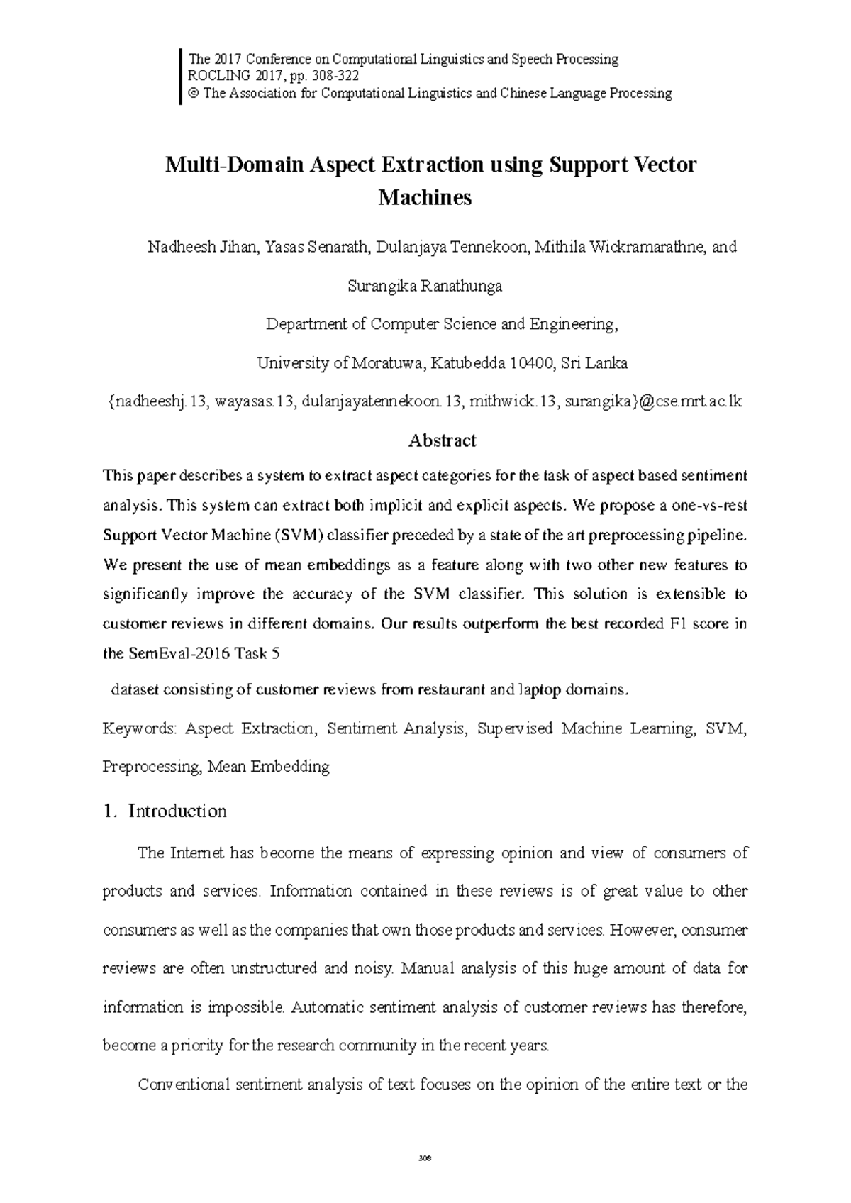 Aspect Extraction for Sentiment Analysis using SVM - O17-1029 - Studocu