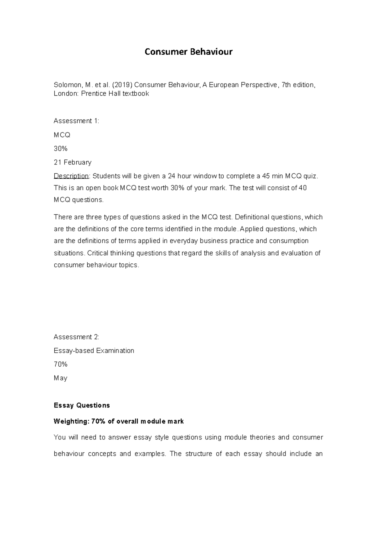 Consumer Behaviour Notes for Assessment - MCQ & Essay Examinations ...
