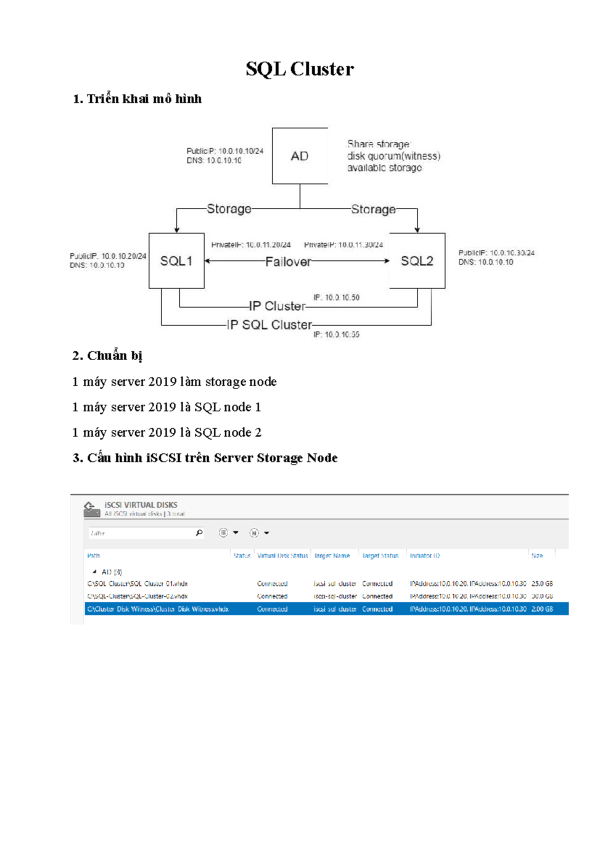SQL Cluster Setup Guide: Configuring Storage and SQL Nodes - Studocu