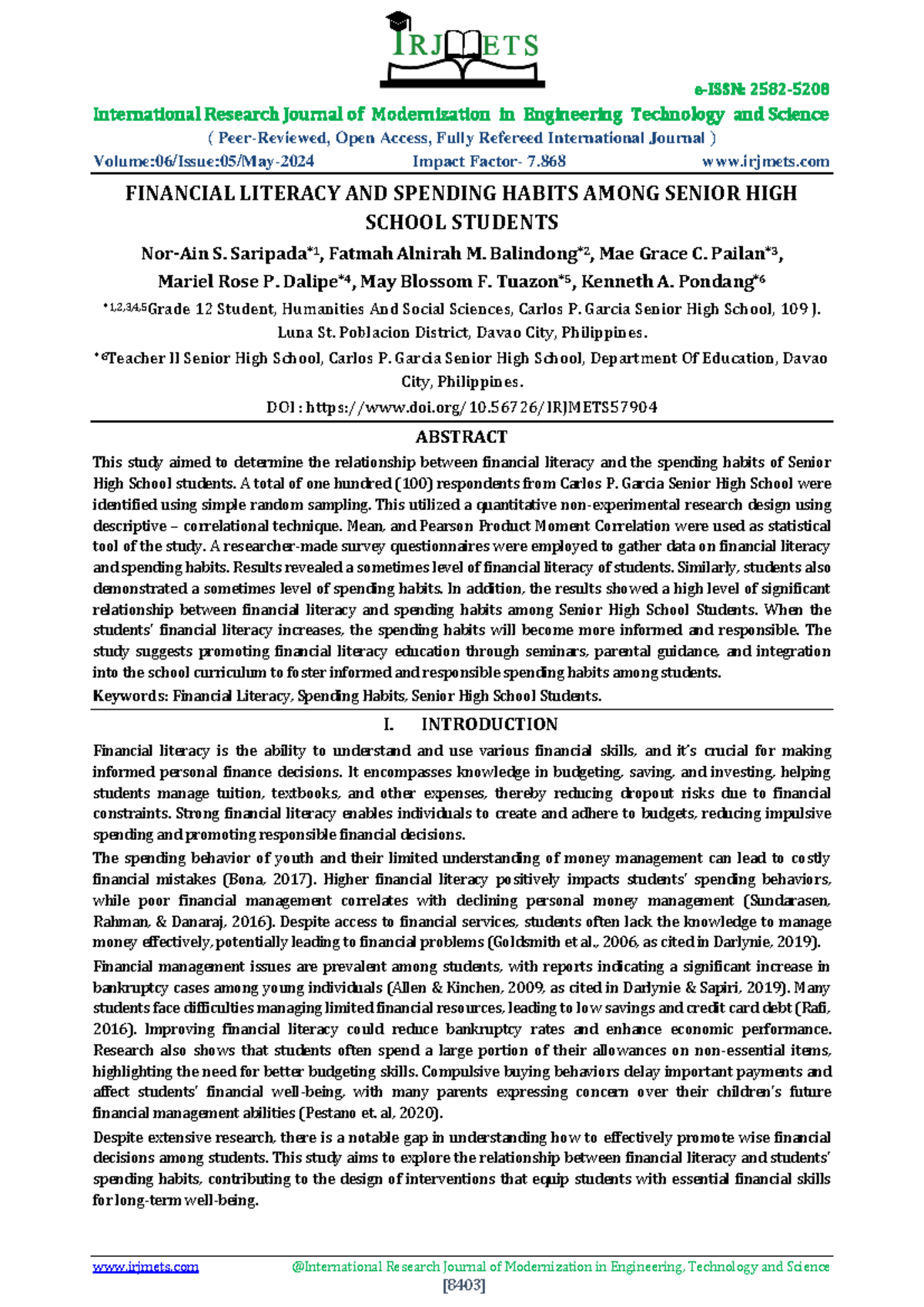 Financial Literacy and Spending Habits Among SHS Students: A Study ...