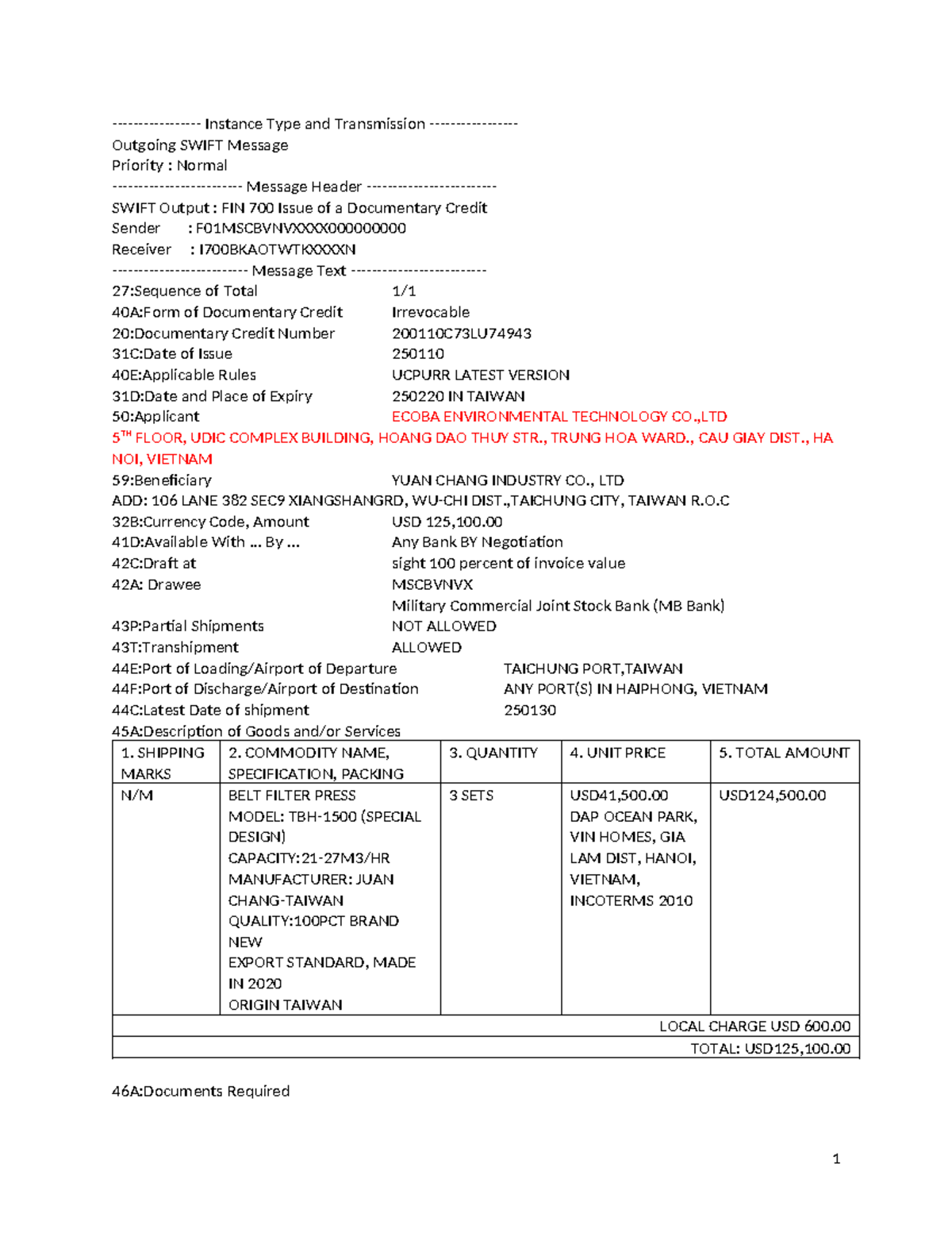 SWIFT Message FIN 700: Documentary Credit Details and Priority - Studocu
