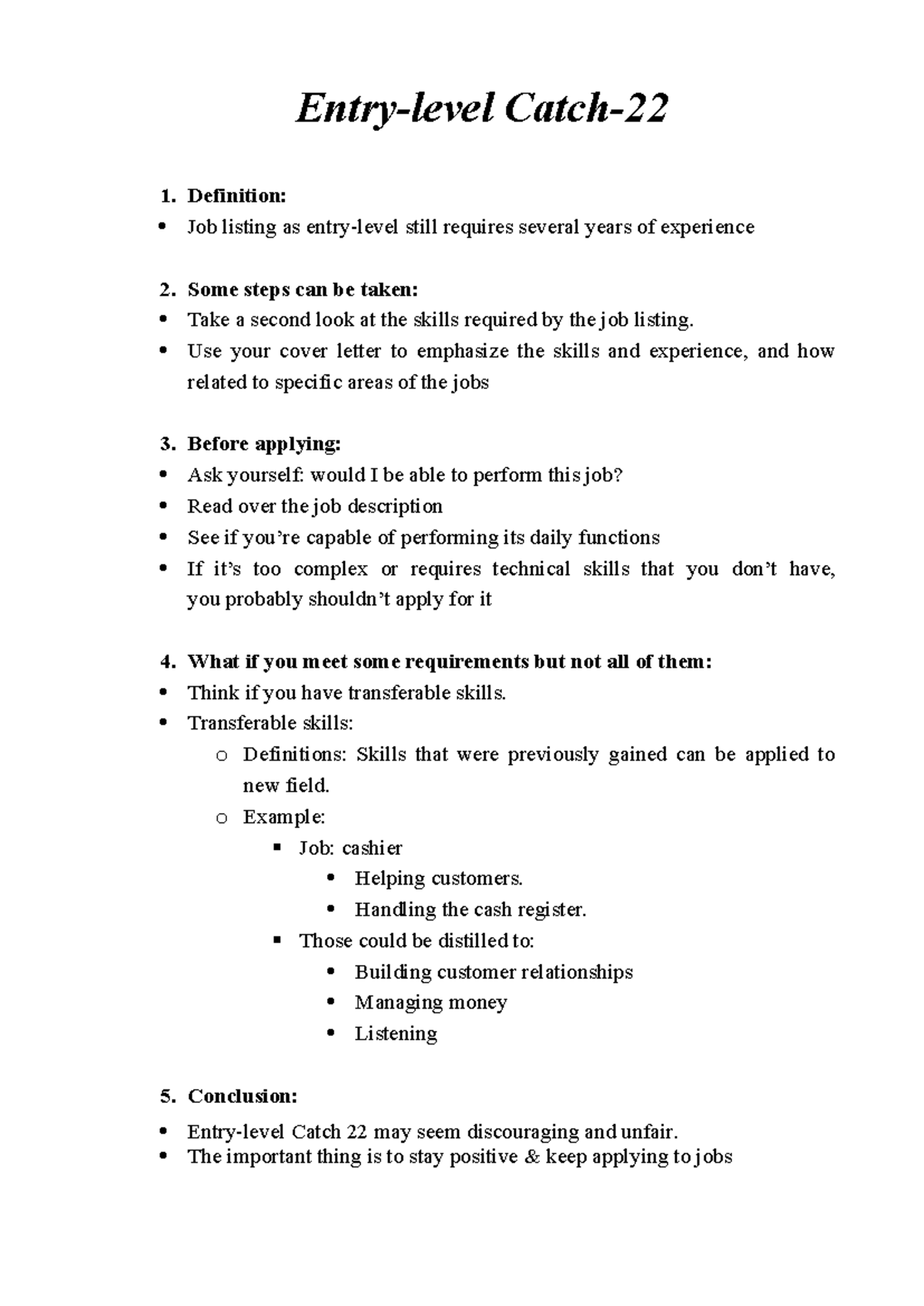 Entry Level Job Application Strategies: Overcoming the Catch 22 - Studocu