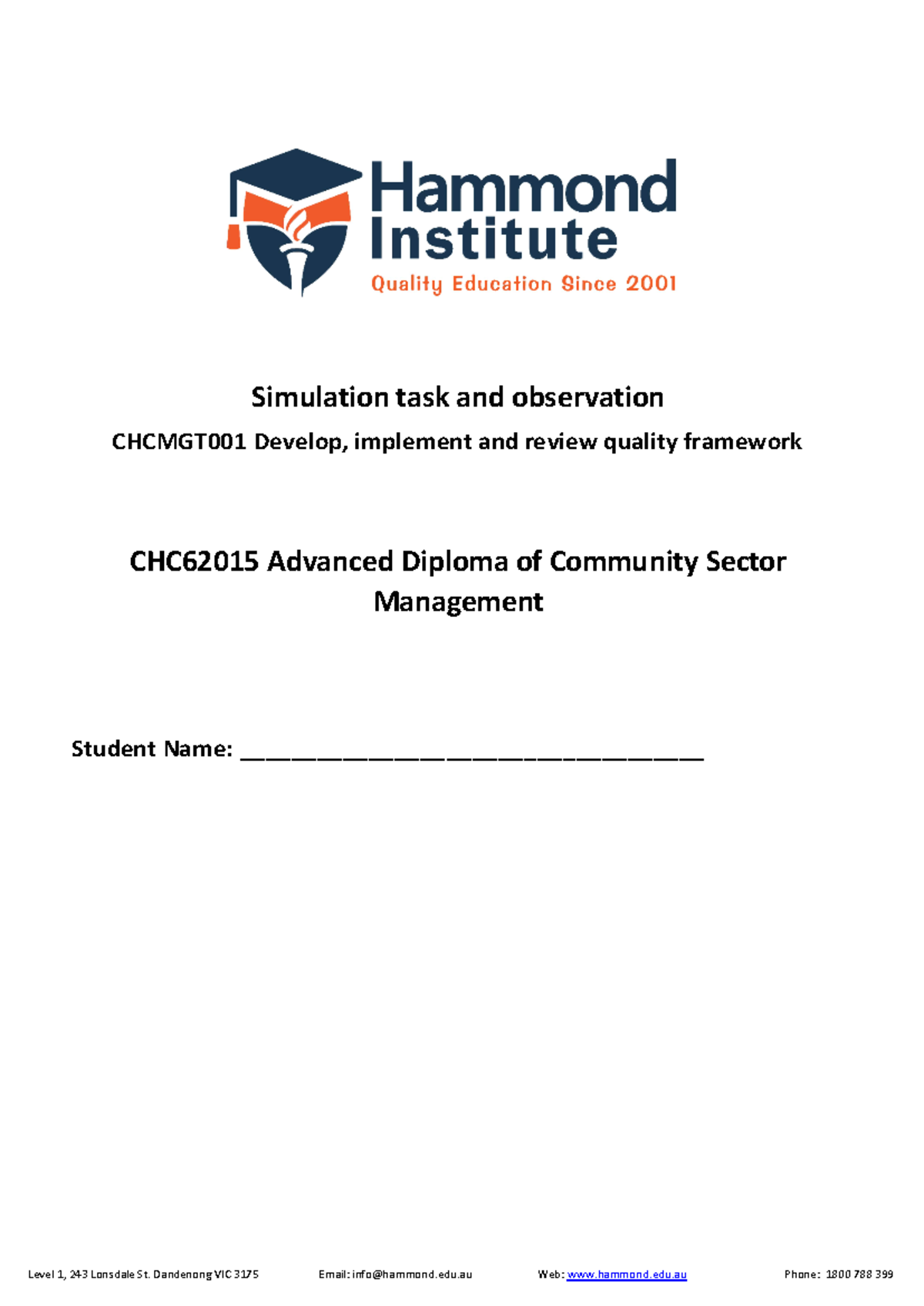 CHCMGT 001 Simulation Task & Observation: Quality Framework Development ...