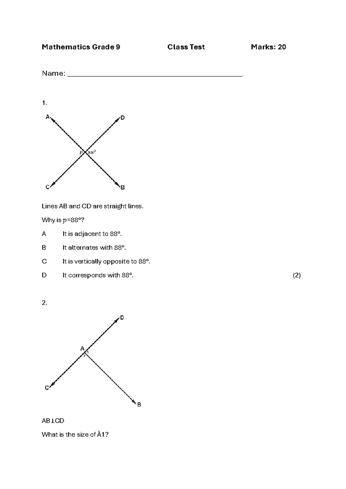 Grade 9 Mathematics Geometric Class Test Questions - Studocu