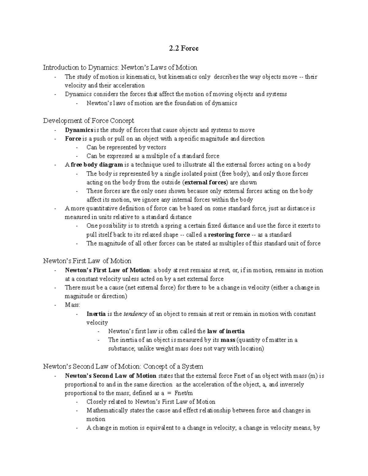 UNIT 2.2 Force - 2 Force Introduction to Dynamics: Newton’s Laws of ...