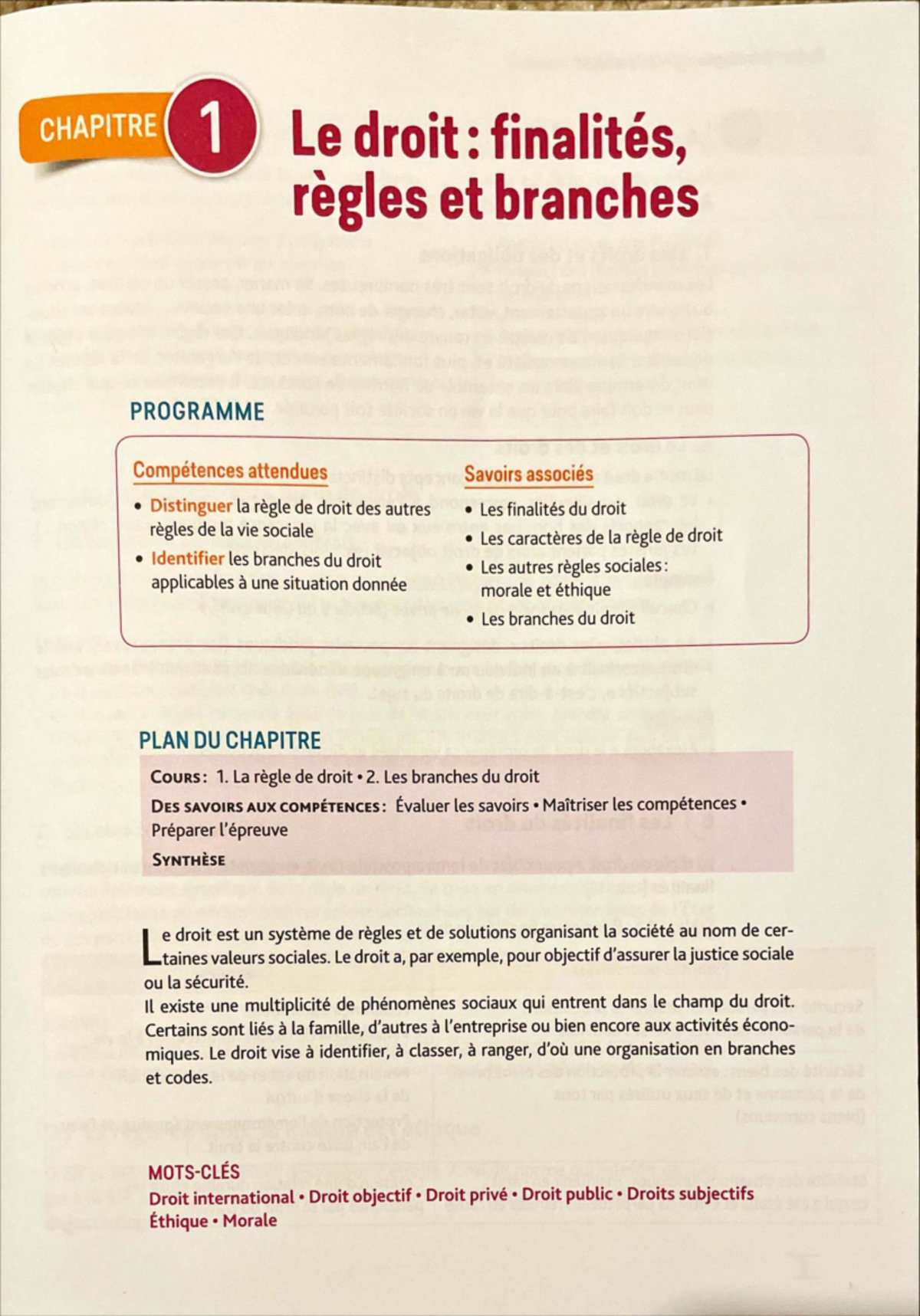 CHAPITRE 1 Droit: Finalités, Règles et Branches - Cours de Droit - Studocu