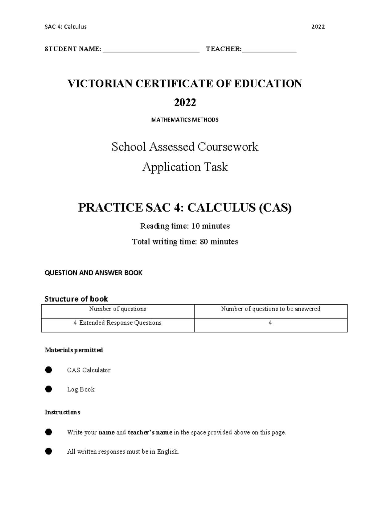 SAC 4: Calculus 2022 Practice Exam Questions and Solutions - Studocu