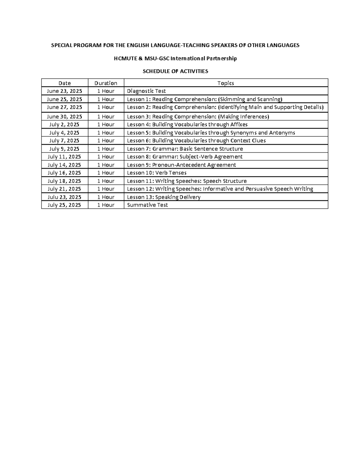 HCMUTE ESL Program Schedule of Activities (June-July 2025) - Studocu