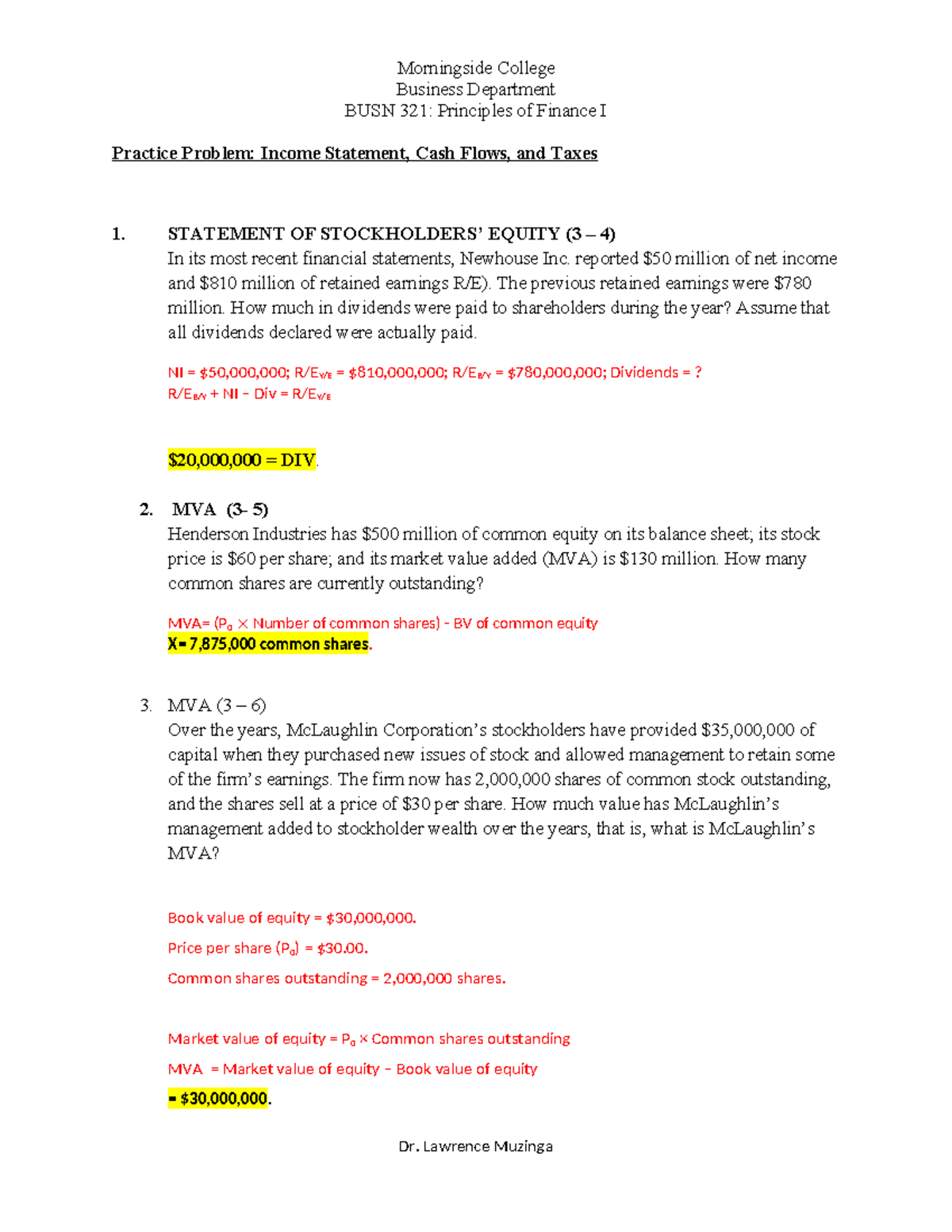 Practice Problems for BUSN 321: Principles of Finance I, Ch 3 (Part 2 ...