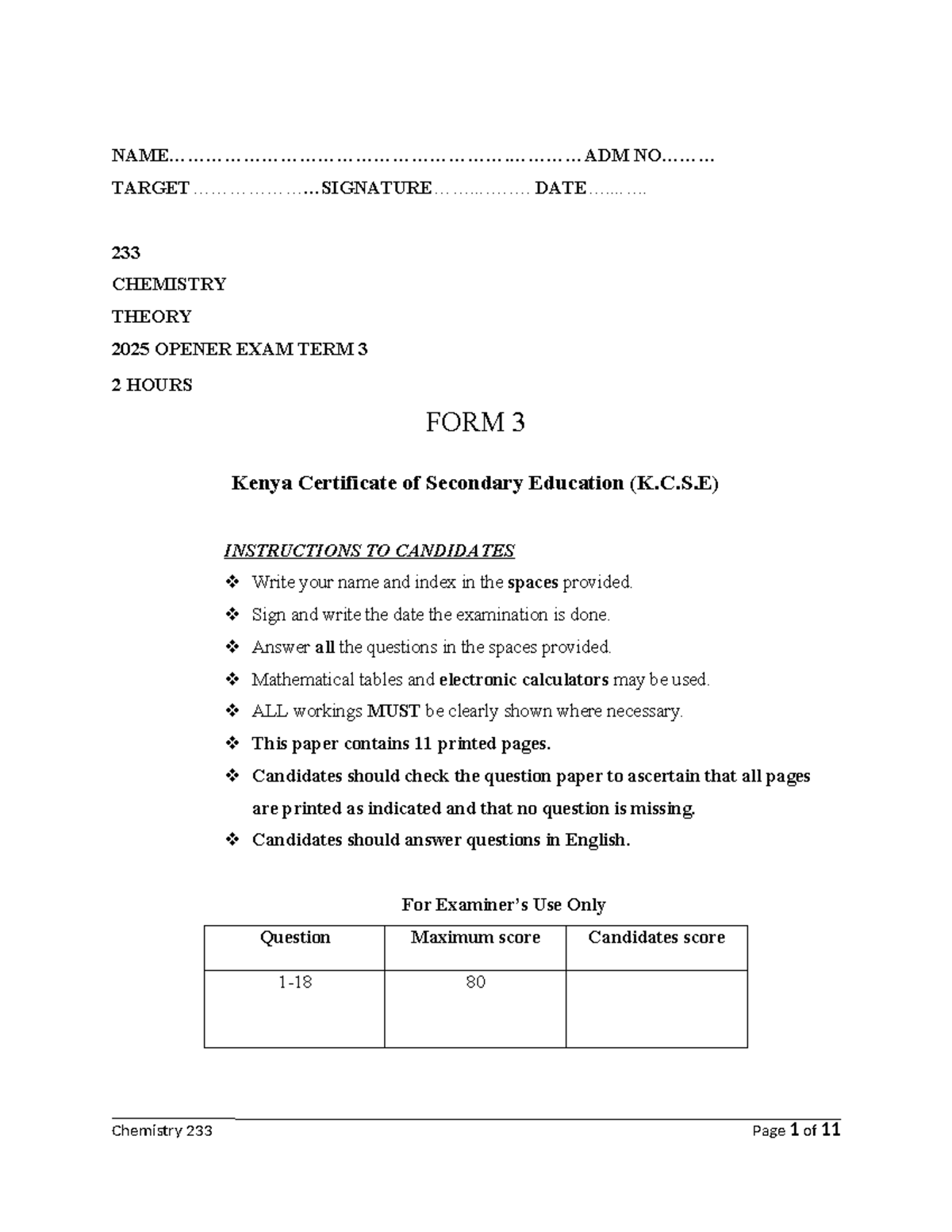 Chemistry 233 Term 3 2025 Opener Exam Paper for Form 3 - Studocu
