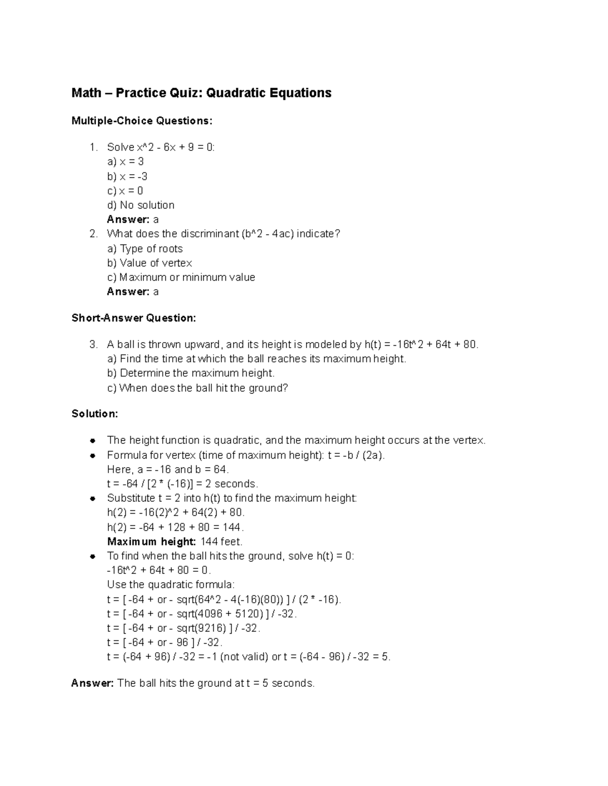 Ch58 Math – Practice Quiz Quadratic Equations - Math – Practice Quiz ...