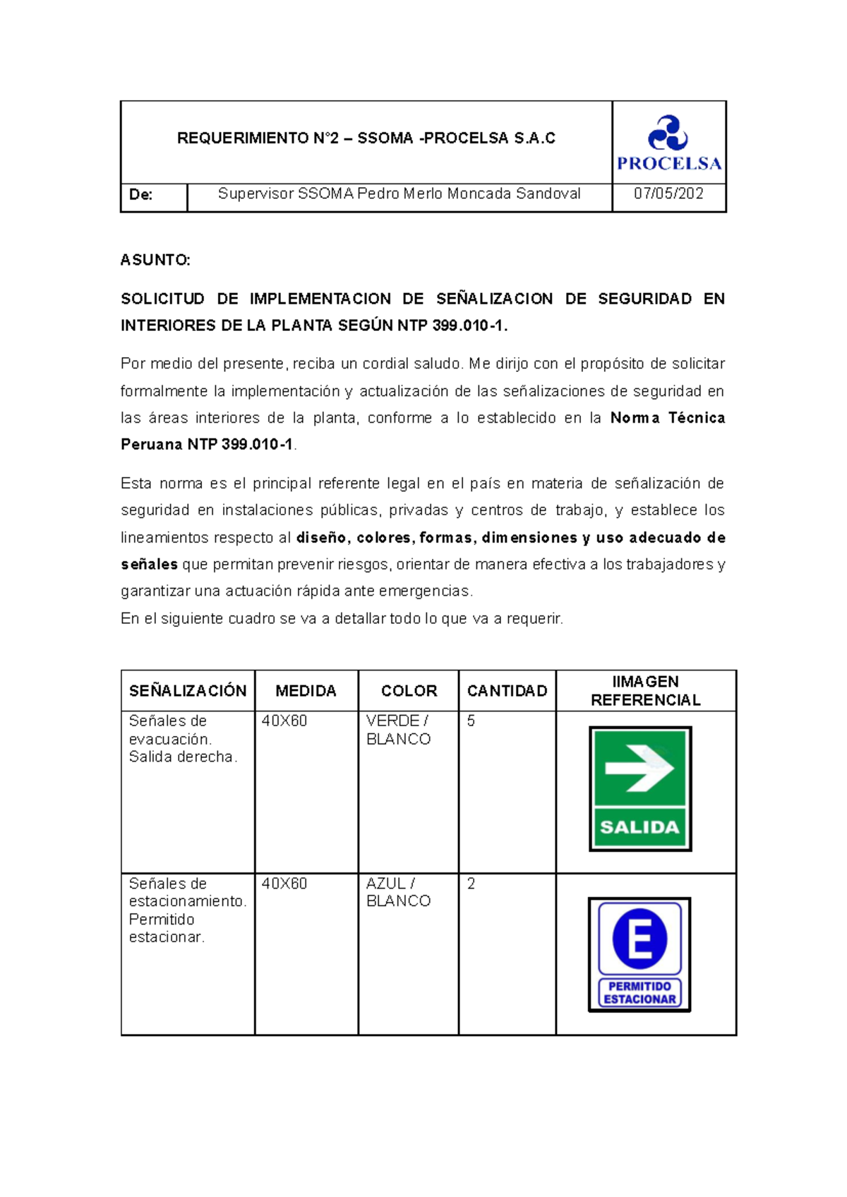 Requerimiento de Señalización de Seguridad SSOMA S.A.C 2025 - Document Preview