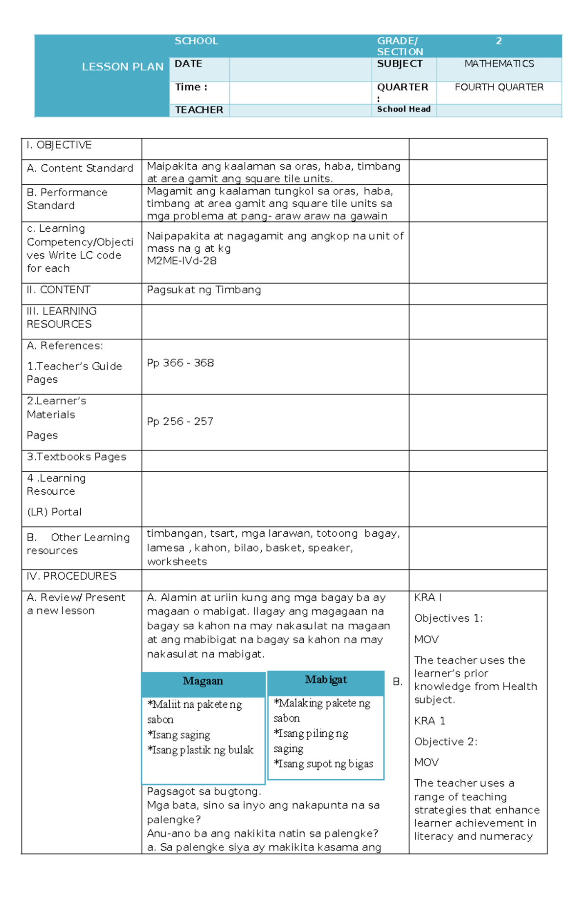 COT DLP MATH 4: Lesson Plan on Mass and Measurement - Studocu