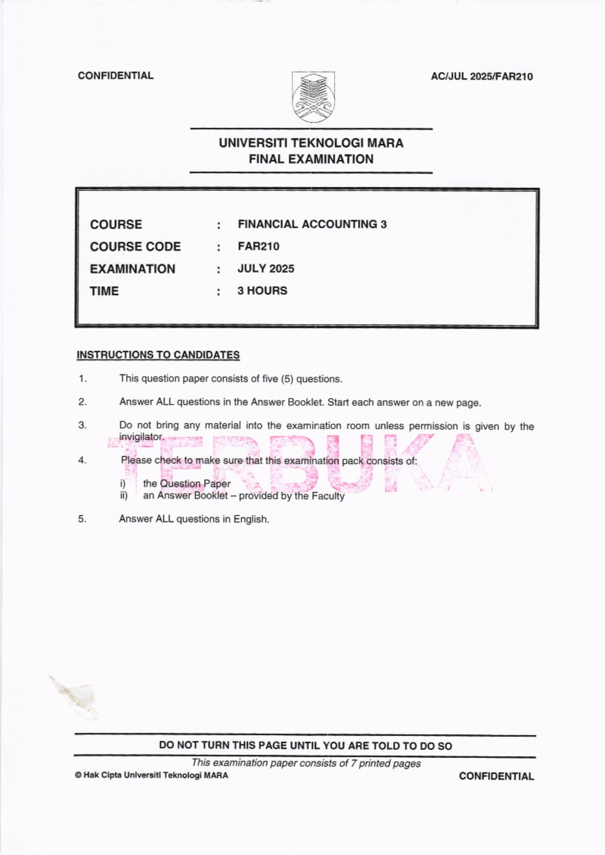 FAR210 - Financial Accounting 3 Final Examination July 2025 - Studocu