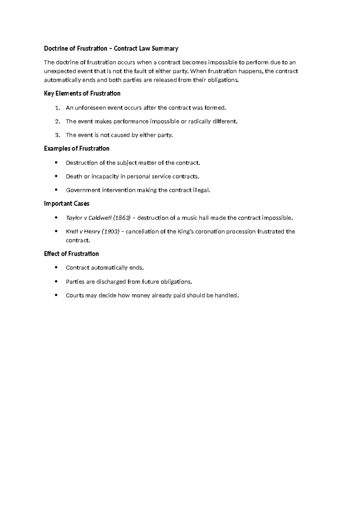 Contract Law Summary: Doctrine of Frustration Explained - Studocu