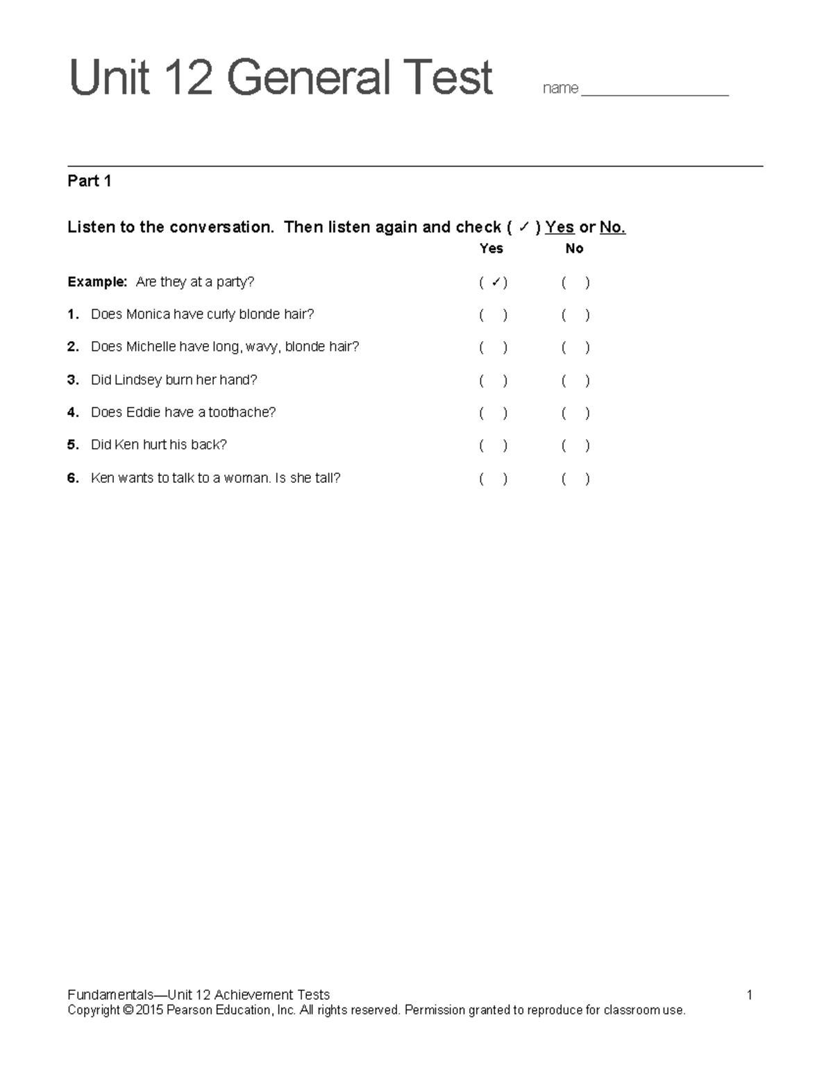 Top Notch Fundamentals Unit 12 General Test and Assessment - Studocu