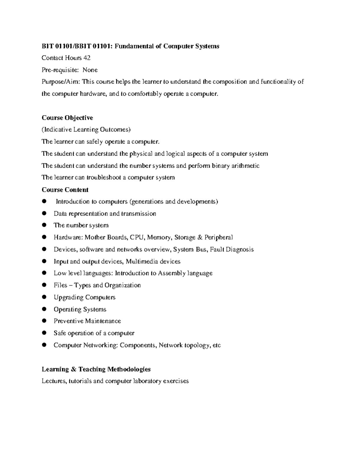 BIT 01101: Fundamentals of Computer Systems Course Outline - Studocu