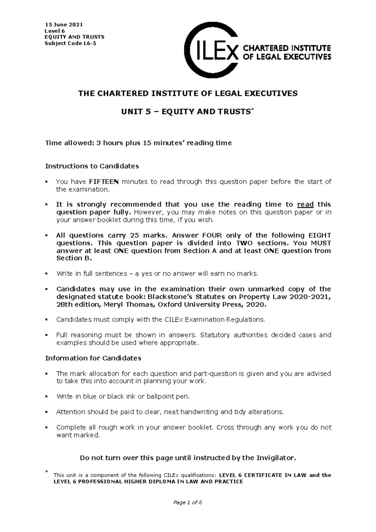 L6 U5 Equity and Trusts Exam Questions June 2021 - Check Answers - Studocu