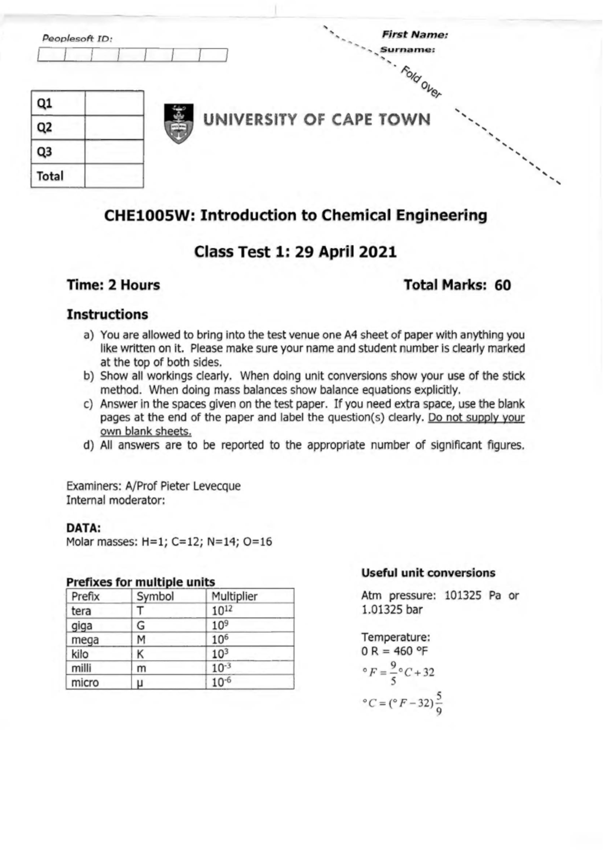 CHE1005W 2021 Class Test 1 Memo and Important Guidelines - Studocu