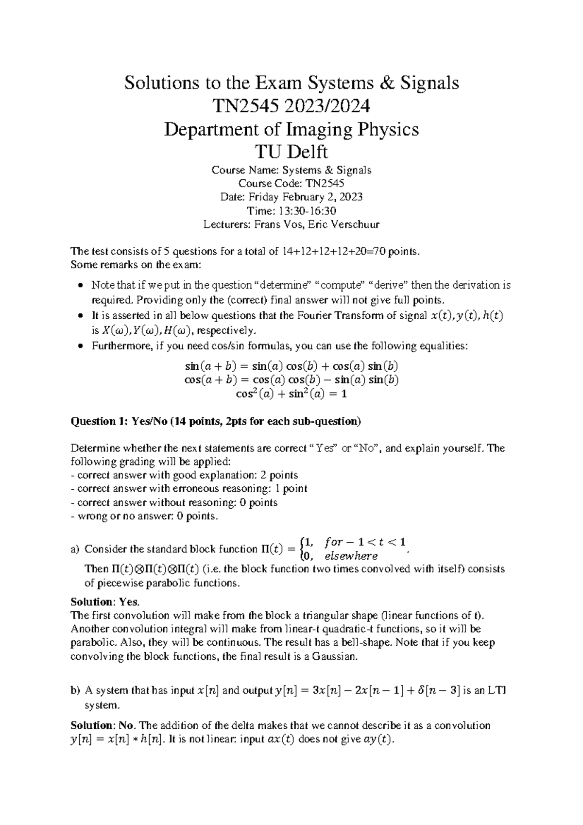 Exam Solutions for Systems Signals TN2545 - February 2023 - Studeersnel