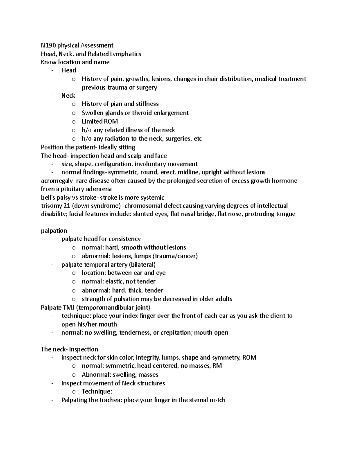 N190 Week 2 Physical Assessment Notes: Head, Neck, and Lymphatics - Studocu