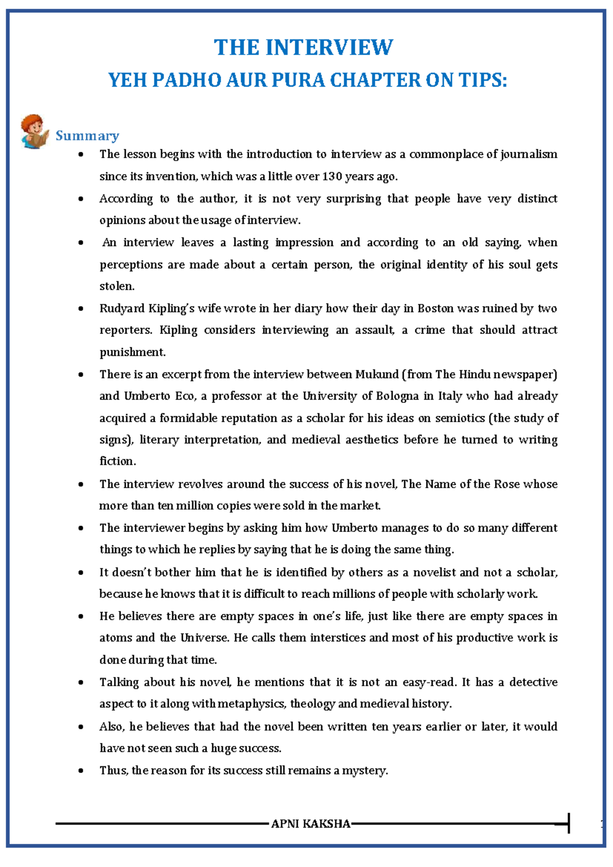APNI KAKSHA 1: The Interview - Summary and MCQs on Chapter Insights ...