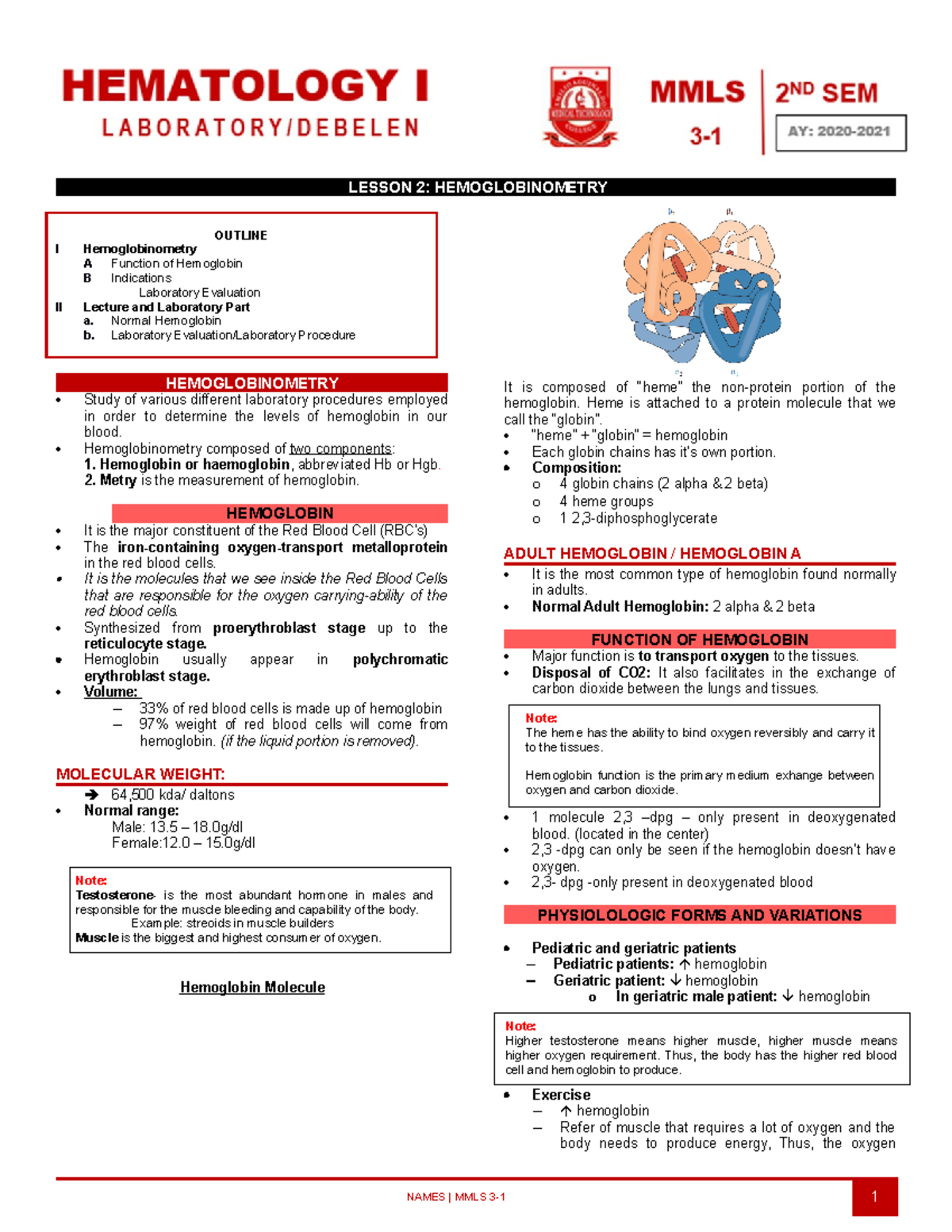 Hemoglobinometry - Lecture Notes 2: Key Concepts & Methods - Studocu