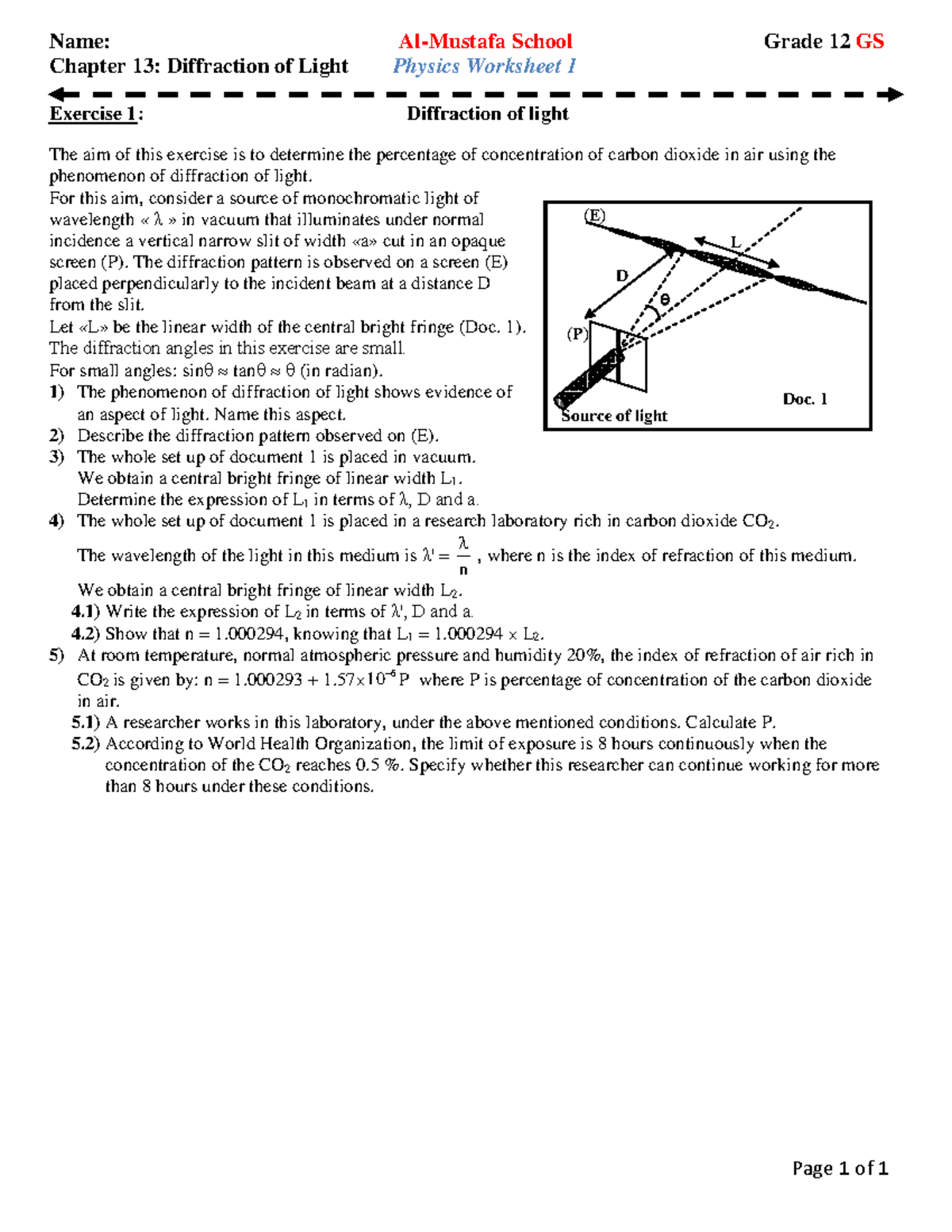 Chapter 13: Diffraction of Light - Exercise 1 (Grade 12 GS) - Studocu