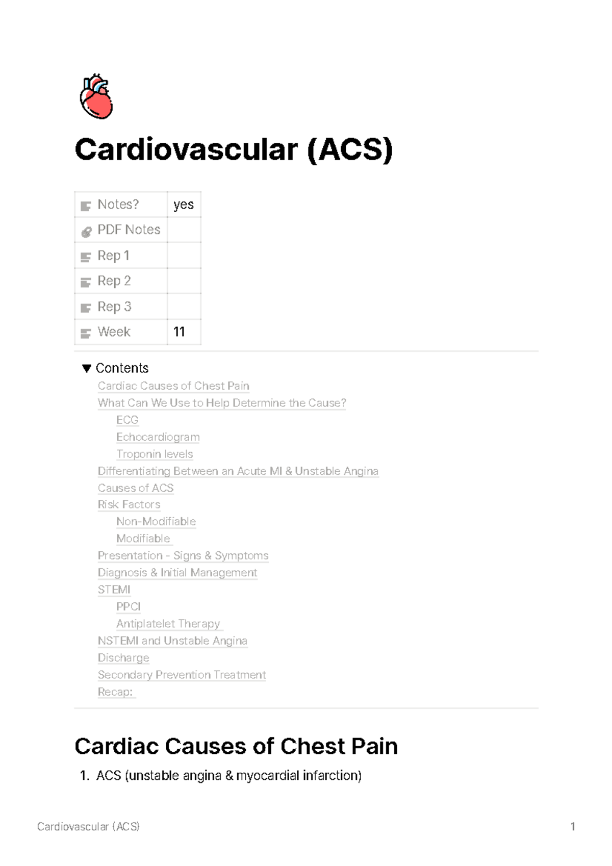 ACS Lecture Notes: Cardiovascular Causes of Chest Pain and Management ...