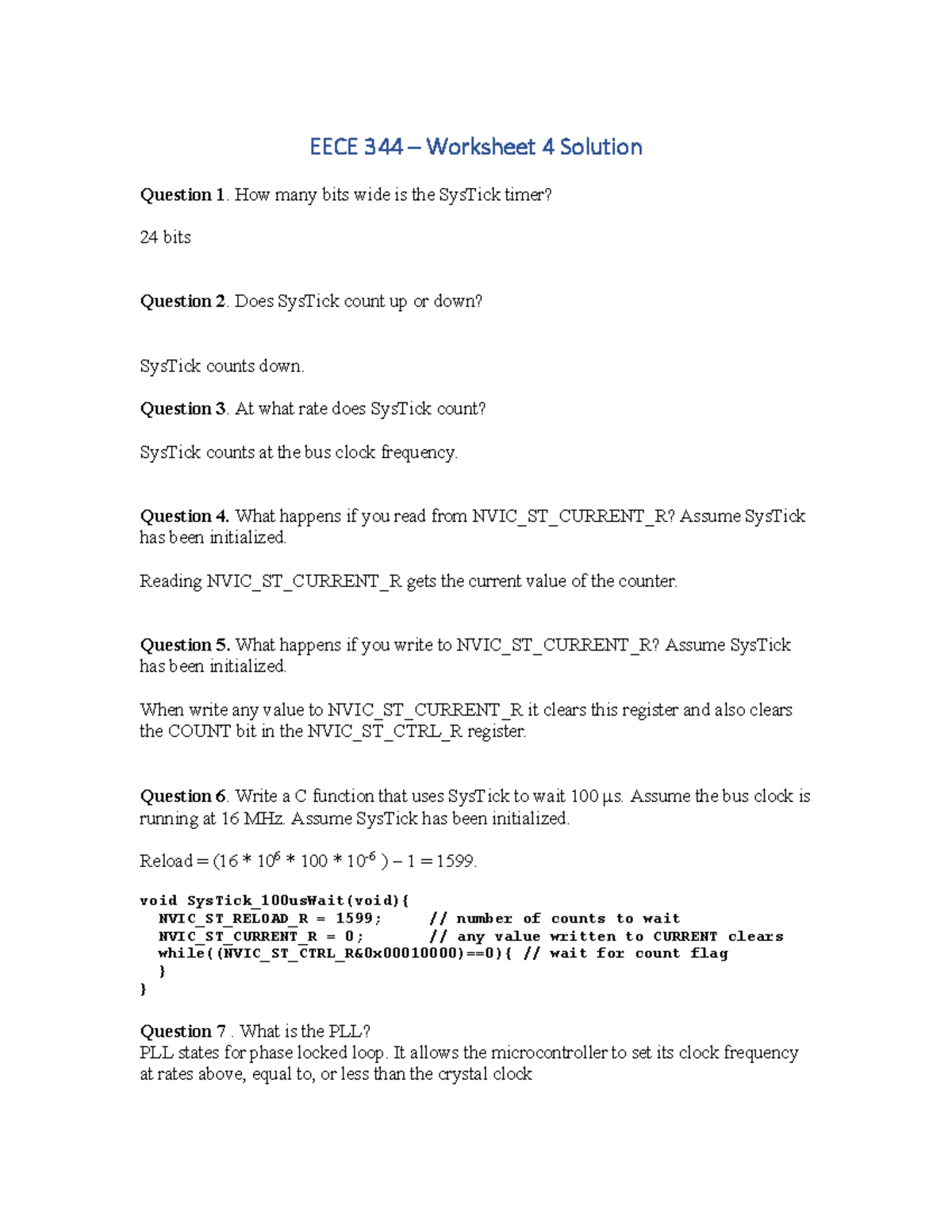 EECE 344 – Worksheet 4 Solutions: SysTick Timer and Interrupts - Studocu