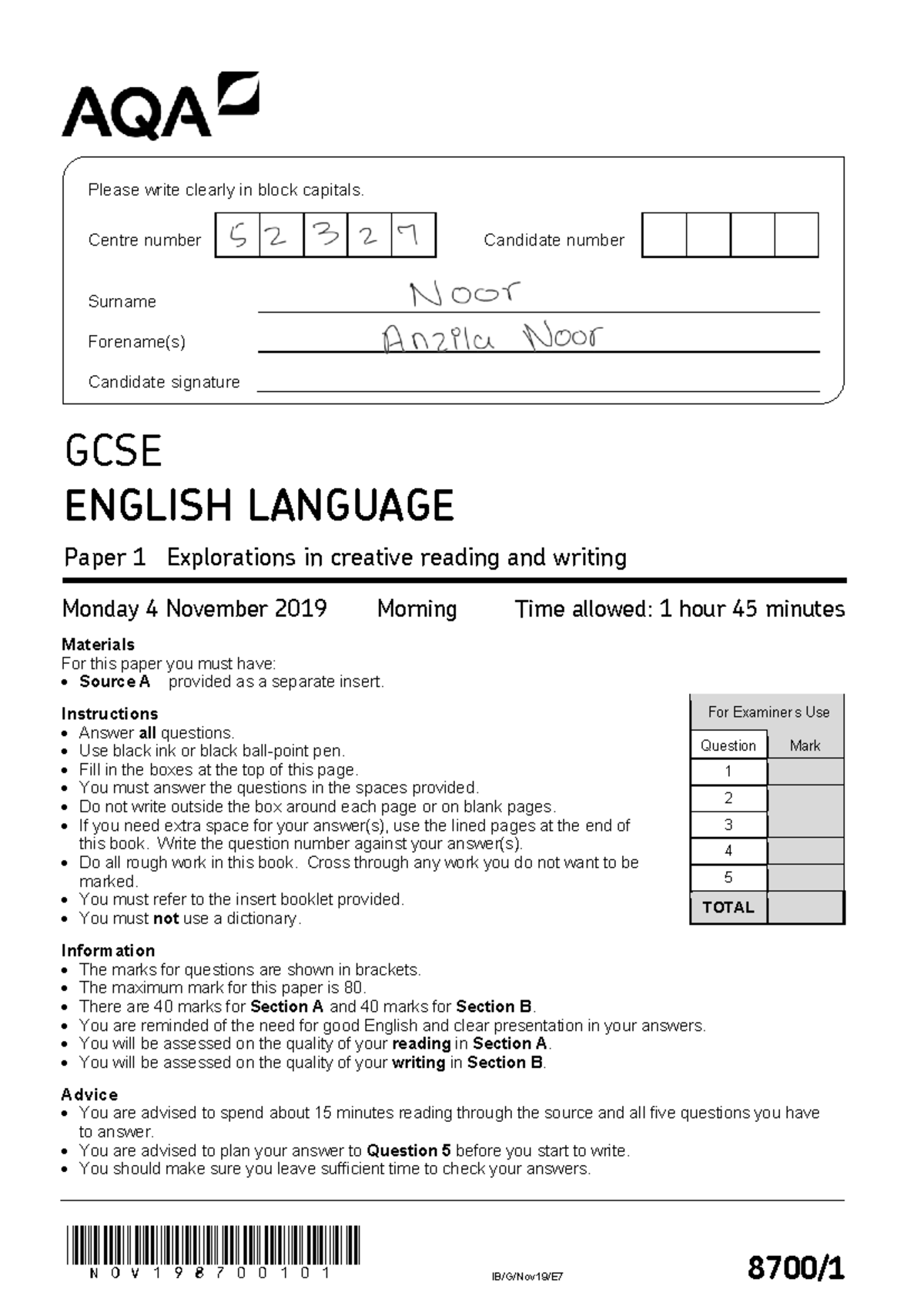 AQA GCSE English Language November 2021 Paper 1 - *nov19 8700101 * IB/G ...