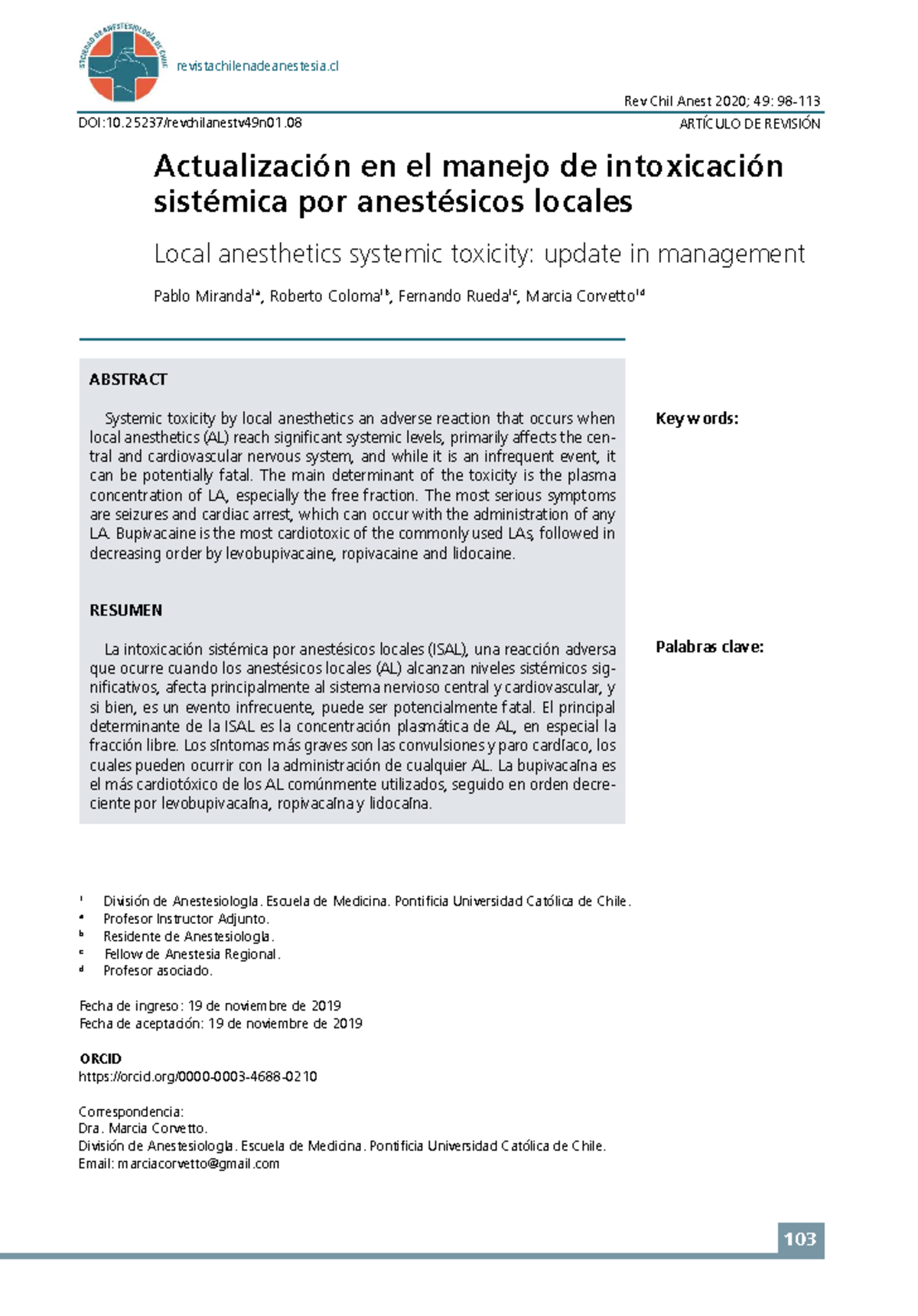Actualización en el Manejo de Intoxicación Sistémica por Anestésicos ...