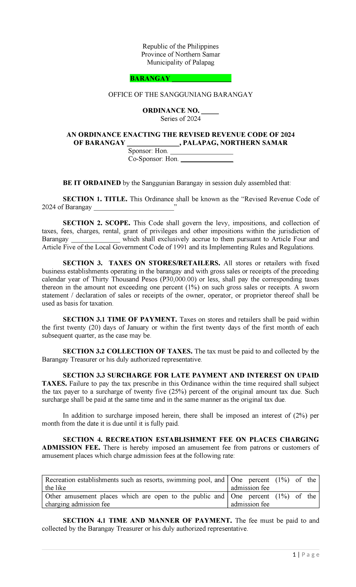 Draft TAX CODE BRGY - Republic of the Philippines Province of Northern ...