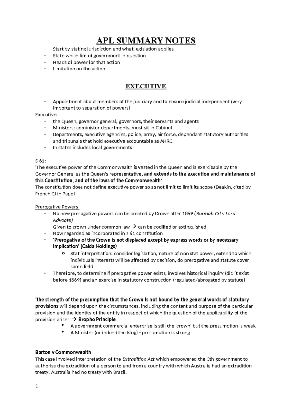 APL 101 Summary Notes: Executive Power, Prerogative, and Judicial ...