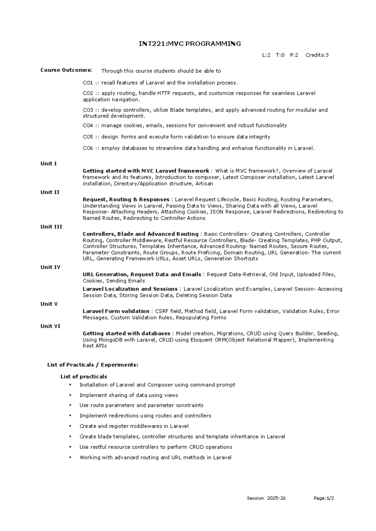 INT221: MVC Programming - Comprehensive Course Outcomes and Units - Studocu