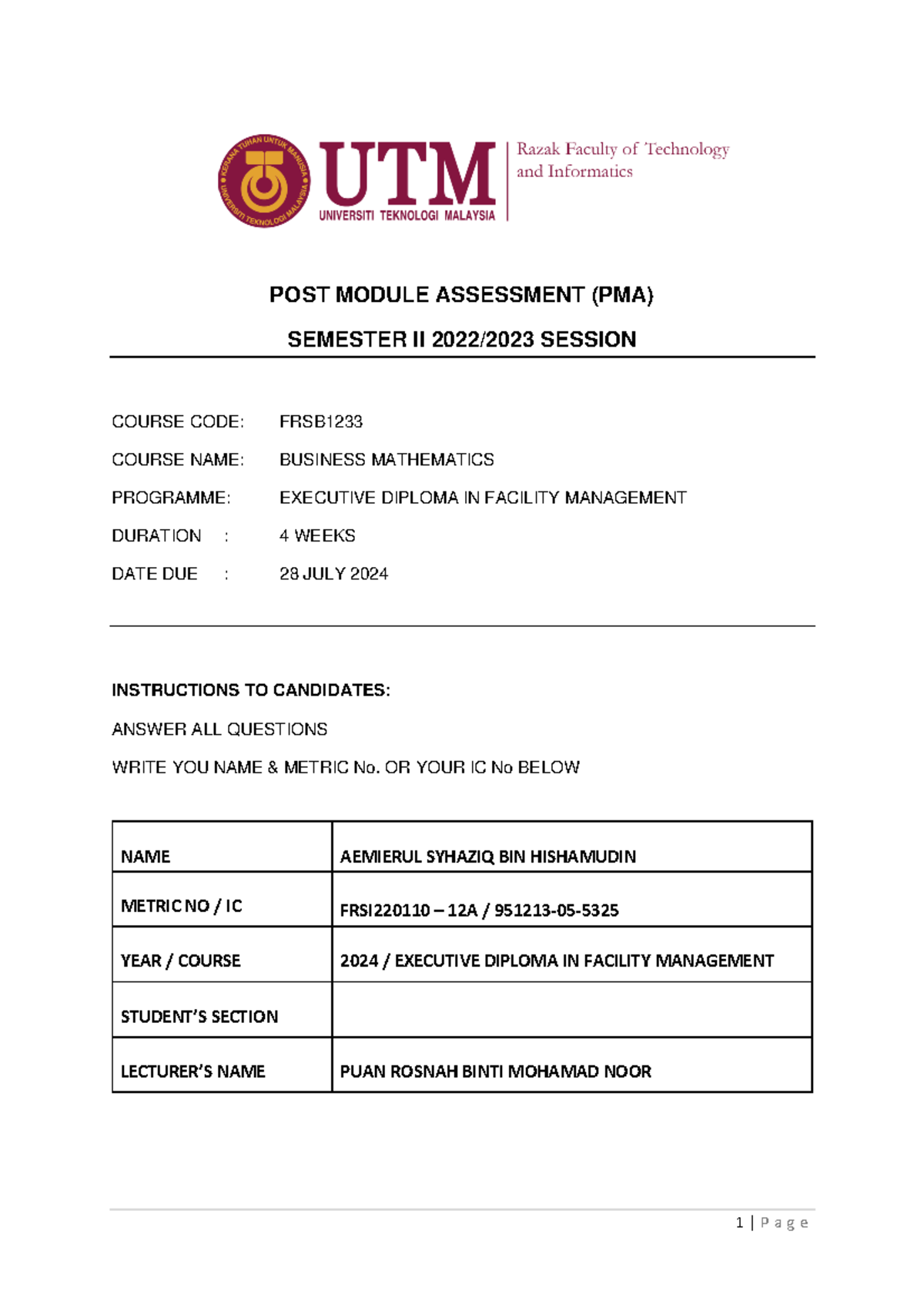 Business Mathematics PMA - POST MODULE ASSESSMENT (PMA) SEMESTER II ...