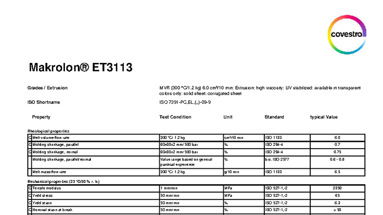 ET3113 ISO Datasheet: Extrusion MVR Properties and Testing - Studocu