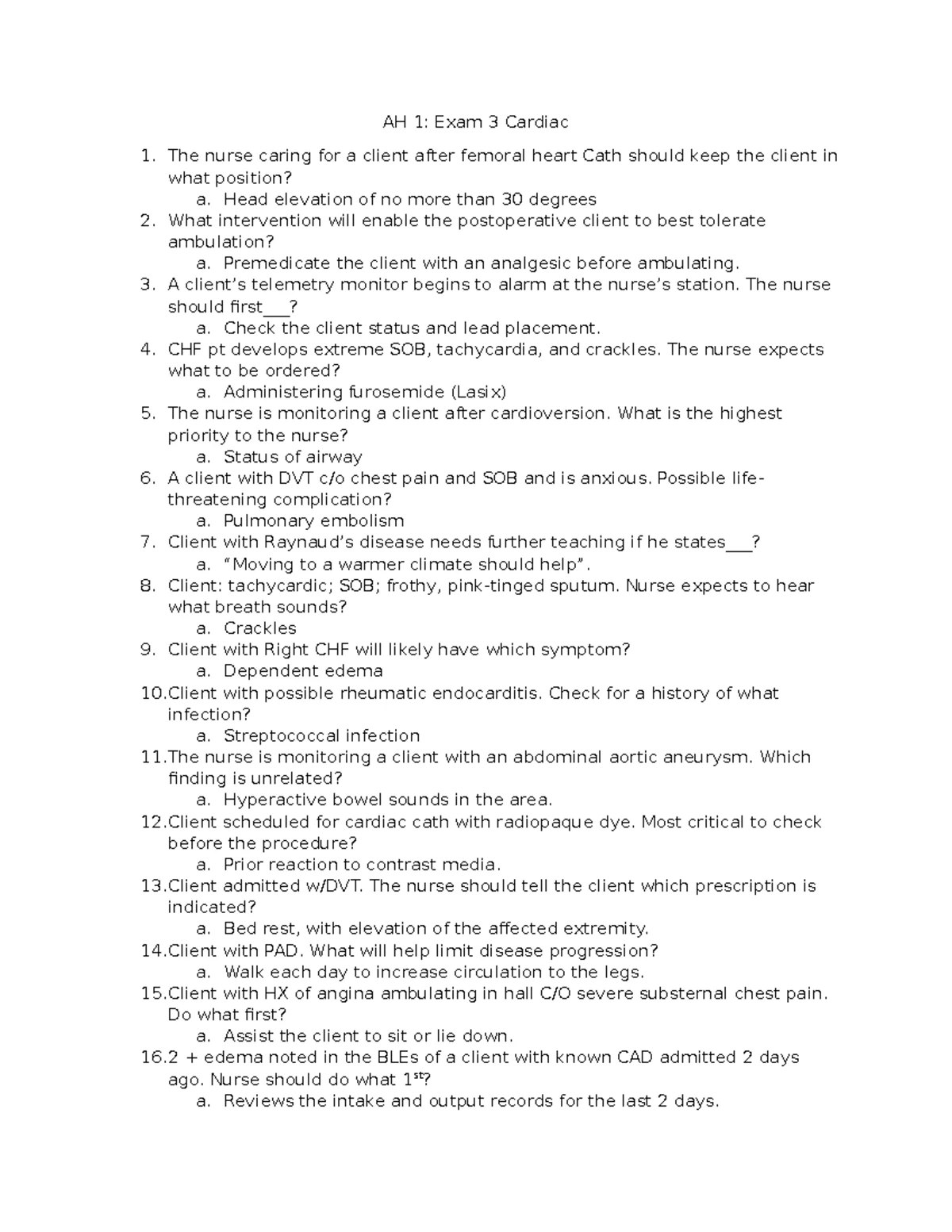 Exam 3 med surg - exam 3 study guide - Chapter 21 Cardiac assessment ...