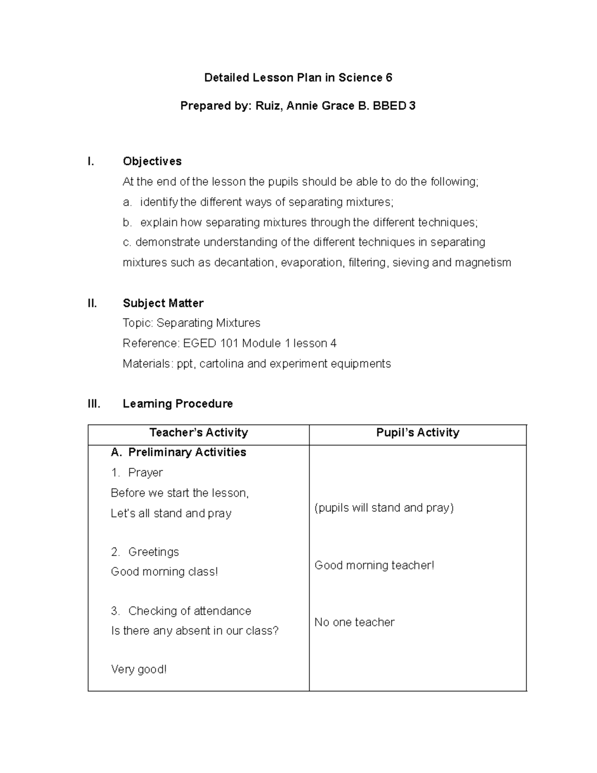 Detailed Lesson Plan: Separating Mixtures in Science 6 BBED 3 - Studocu