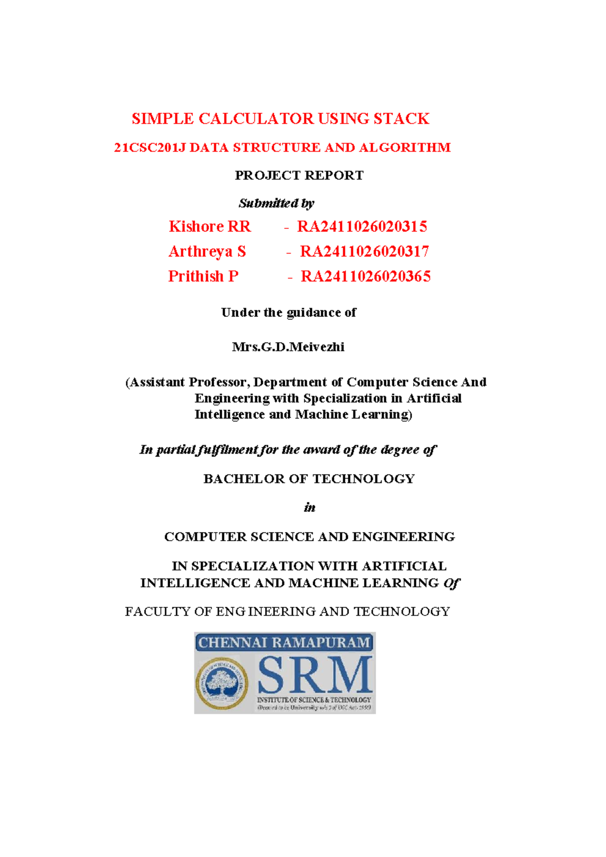 SIMPLE CALCULATOR USING STACK - DSA PROJECT REPORT 21CSC201J - Studocu