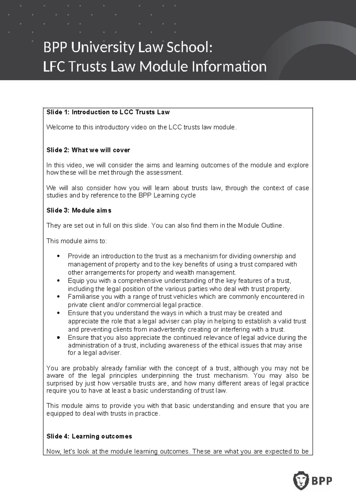 BPP University Law School: LFC Trusts Law Module Overview & Learning ...
